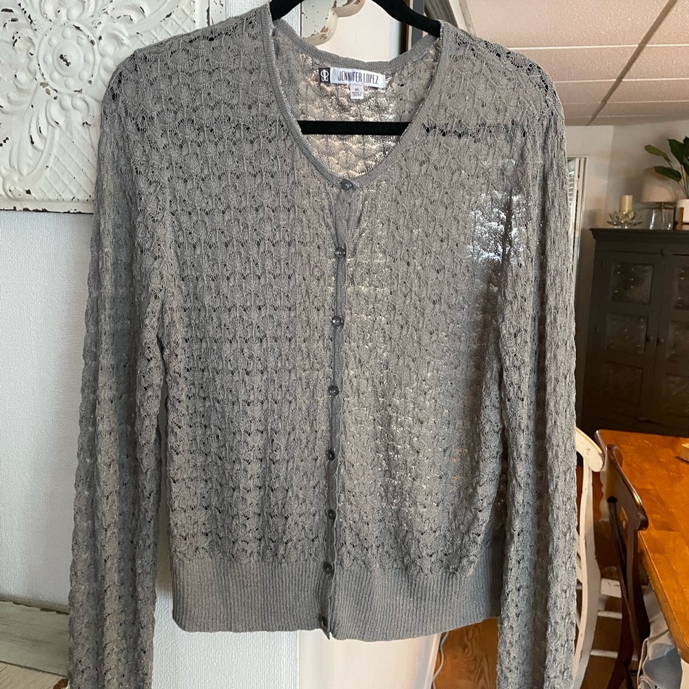Jennifer Lopez Gray Openwork Knit Button Cardigan. Never worn.